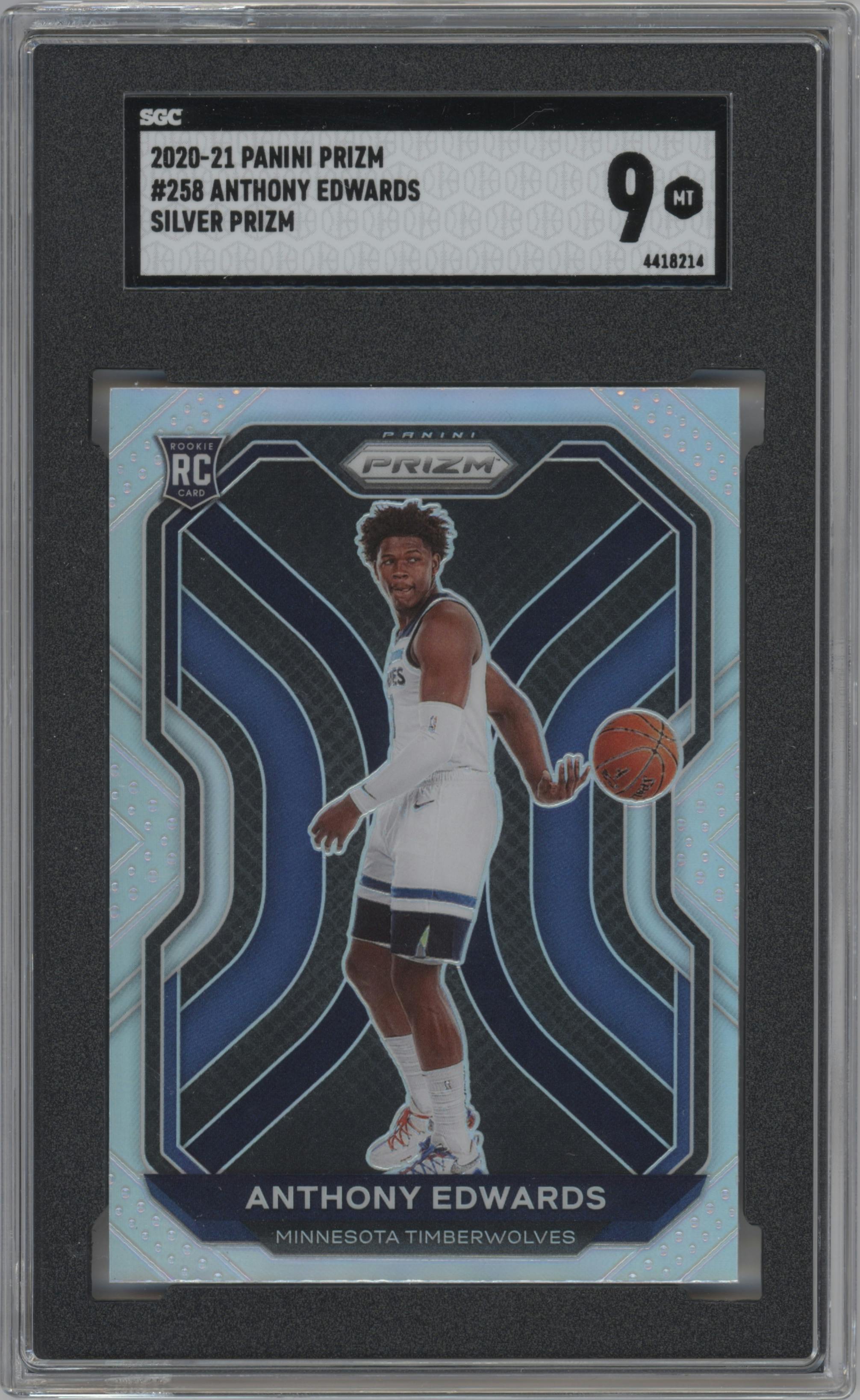 Anthony Edwards from the 2020-21 Panini Prizm set featuring a Silver Prizm parallel graded by SGC and given an overall grade of 9.
