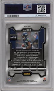 Jaxon Smith-Njigba from the 2023 Panini Prizm set featuring a Silver Prizm parallel graded by PSA and given an overall grade of 9.