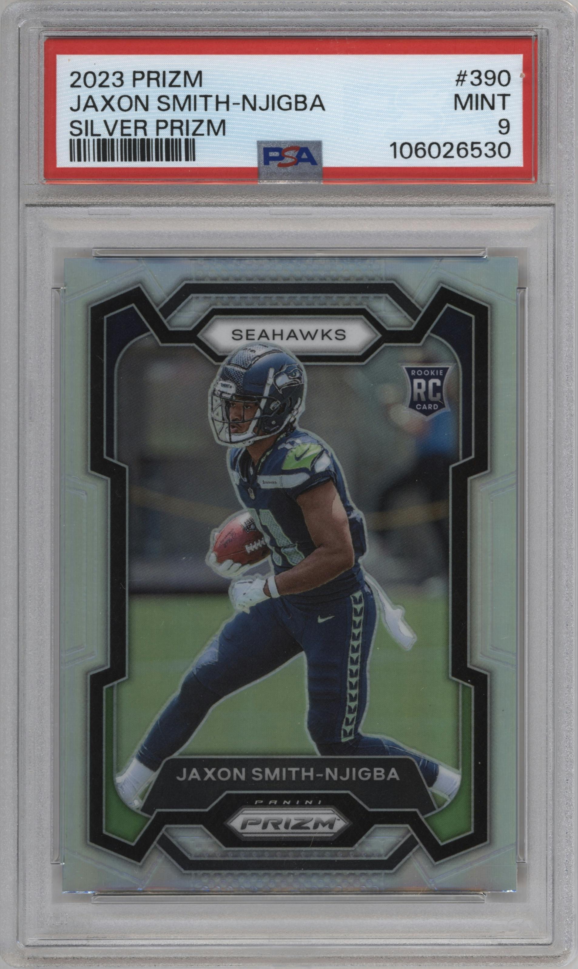 Jaxon Smith-Njigba from the 2023 Panini Prizm set featuring a Silver Prizm parallel graded by PSA and given an overall grade of 9.