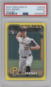 Paul Skenes from the 2024 Topps Update set featuring a Yellow  parallel graded by PSA and given an overall grade of 10.