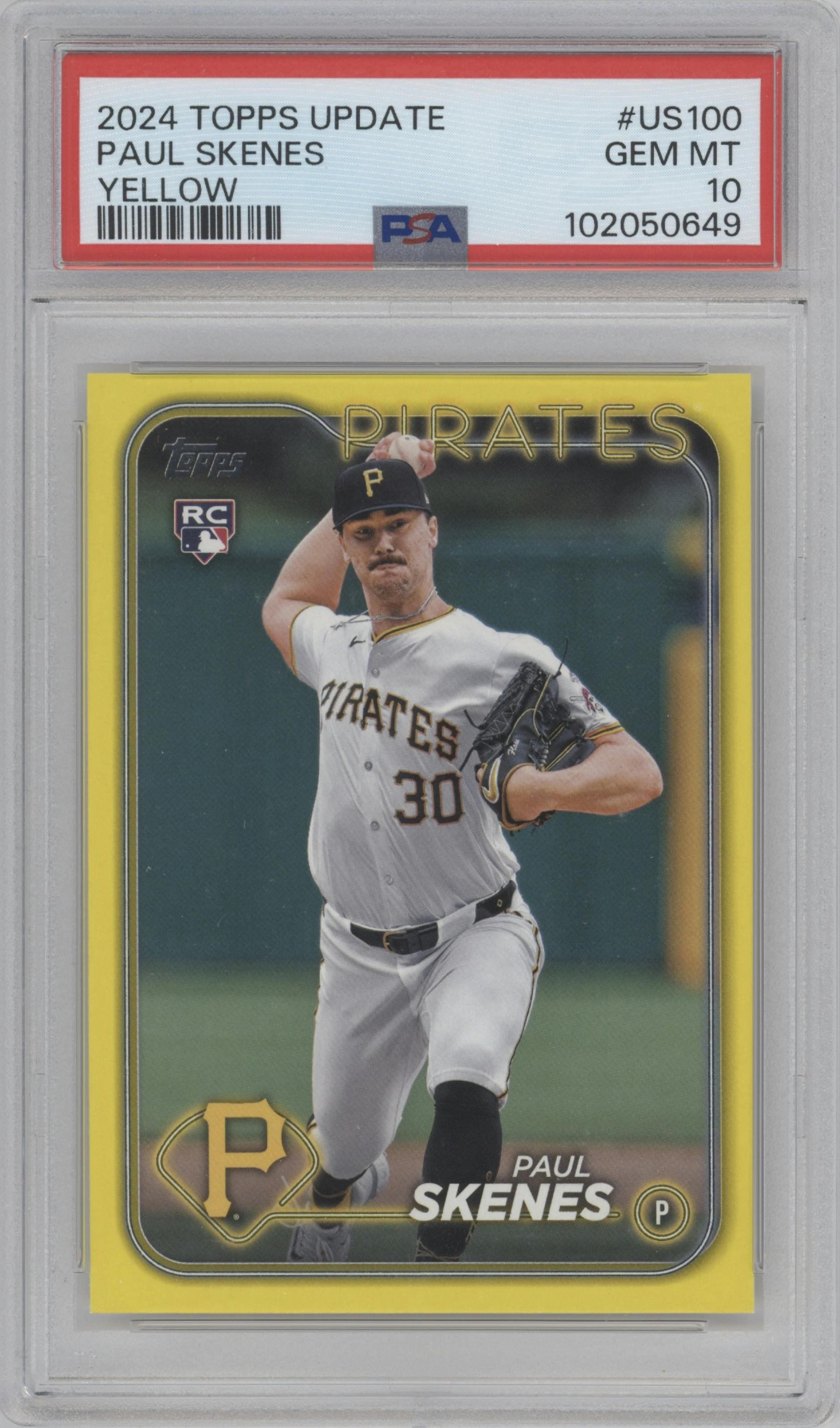 Paul Skenes from the 2024 Topps Update set featuring a Yellow  parallel graded by PSA and given an overall grade of 10.