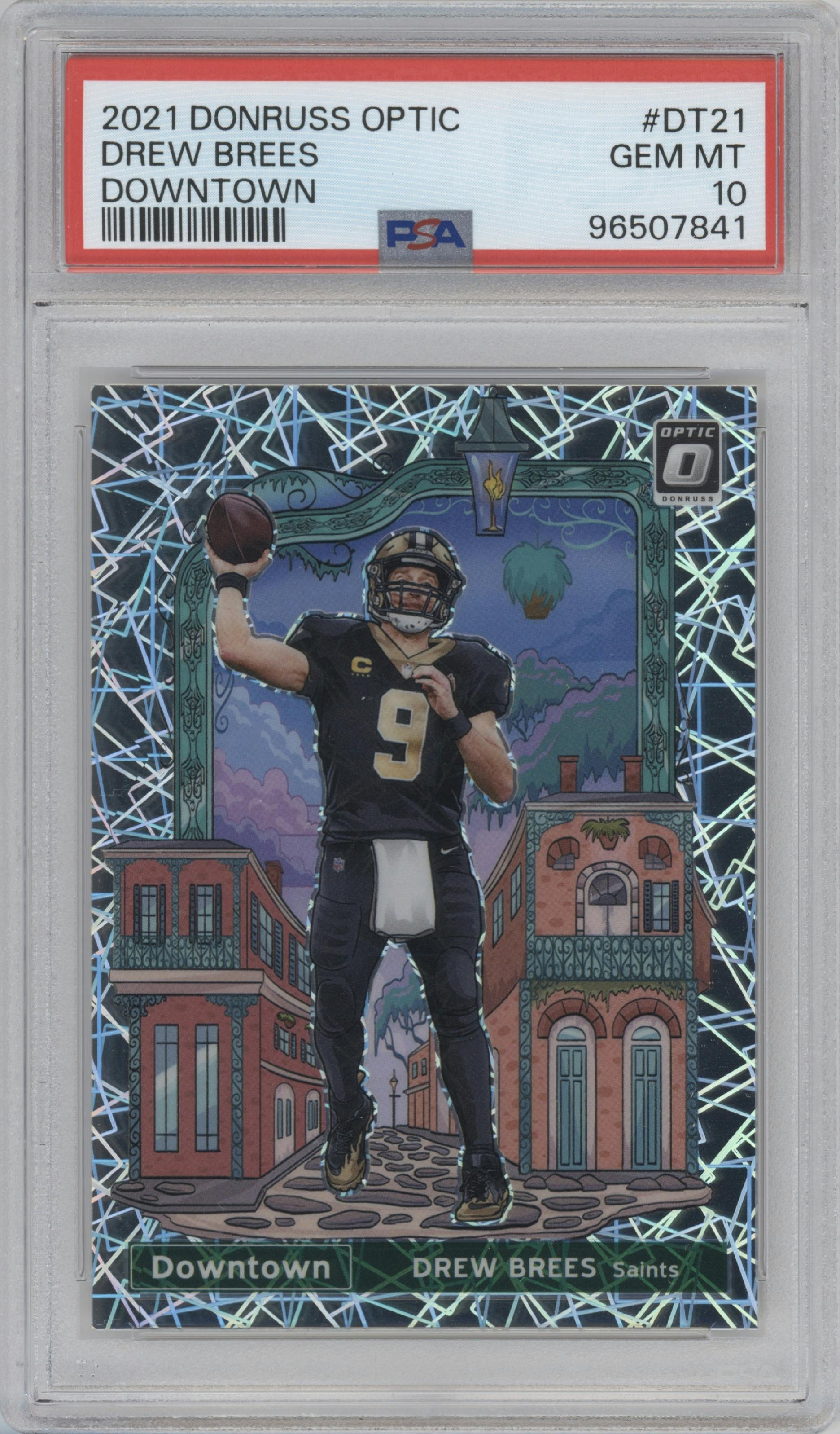 Drew Brees from the 2021 Panini Donruss Optic set graded by PSA and given an overall grade of 10.