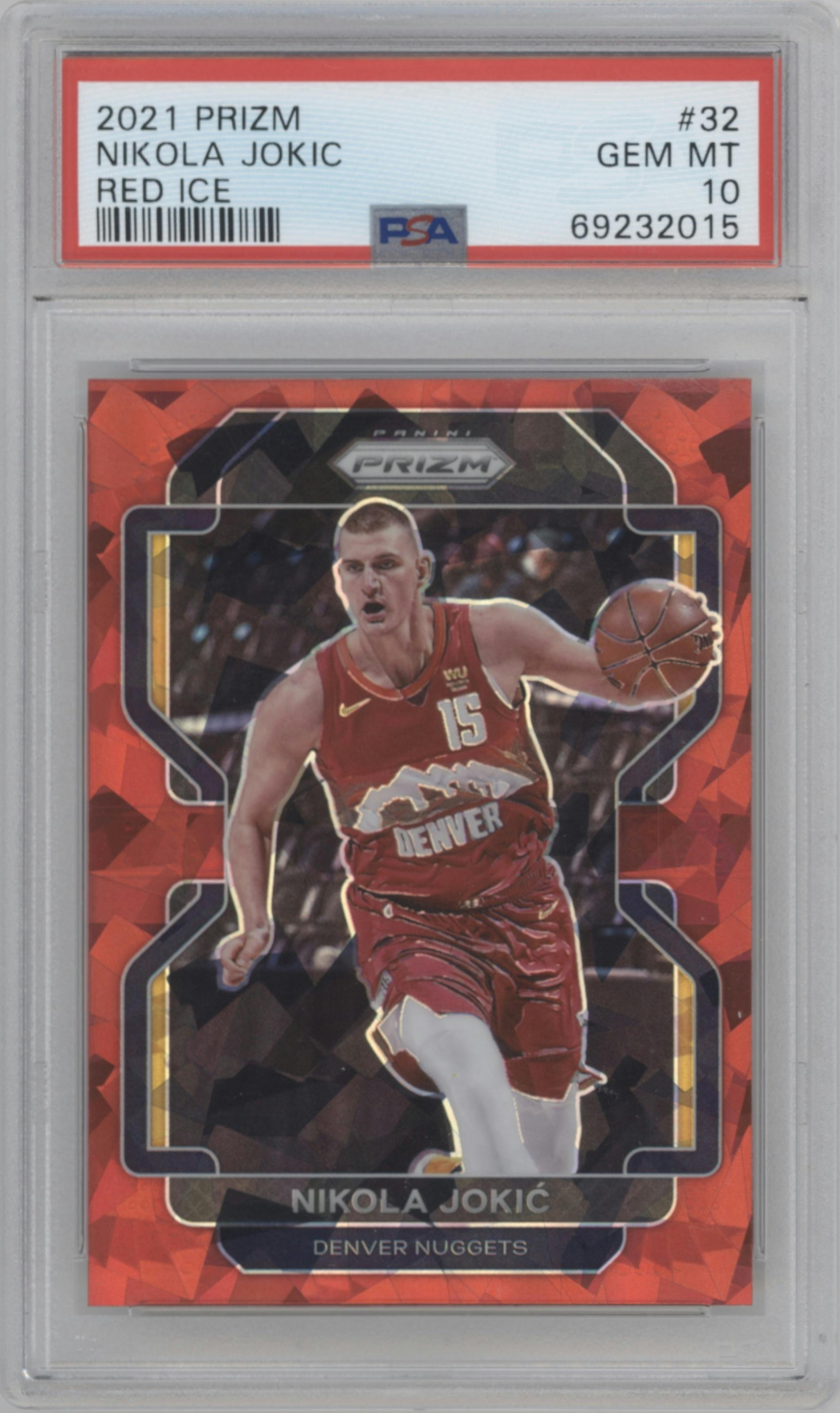Nikola Jokic from the 2021-22 Panini Prizm  set featuring a Red Ice parallel graded by PSA and given an overall grade of 10.