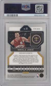 Nikola Jokic from the 2021-22 Panini Prizm  set featuring a Red Ice parallel graded by PSA and given an overall grade of 10.