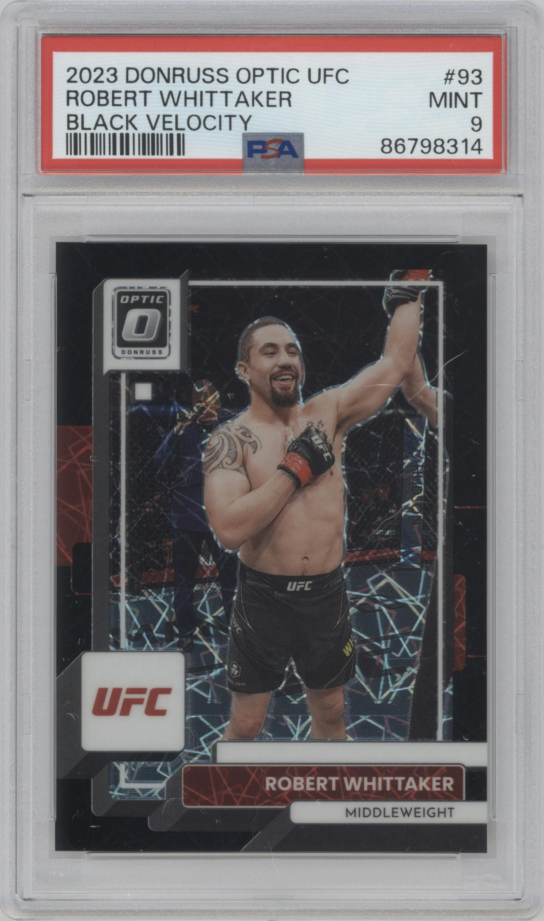 Robert Whittaker from the 2023 Donruss Optic UFC set featuring a Black Velocity parallel graded by PSA and given an overall grade of 9.