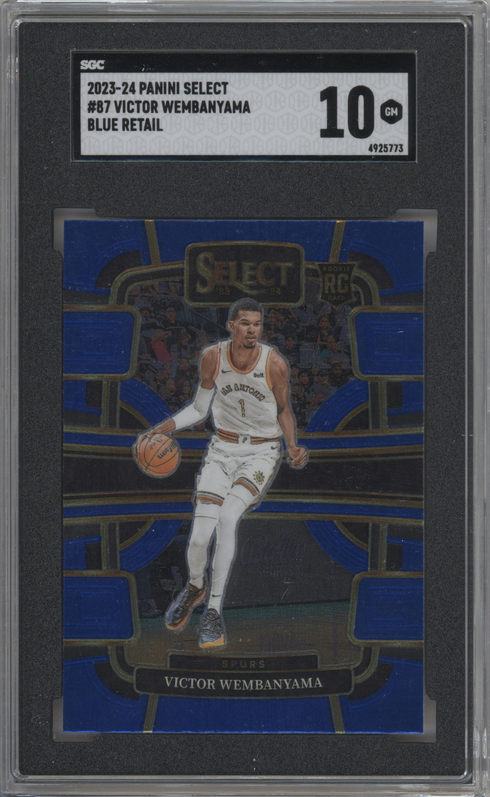 Victor Wembanyama from the 2023-24 Panini Select  set featuring a Blue Retail parallel graded by SGC and given an overall grade of 10.