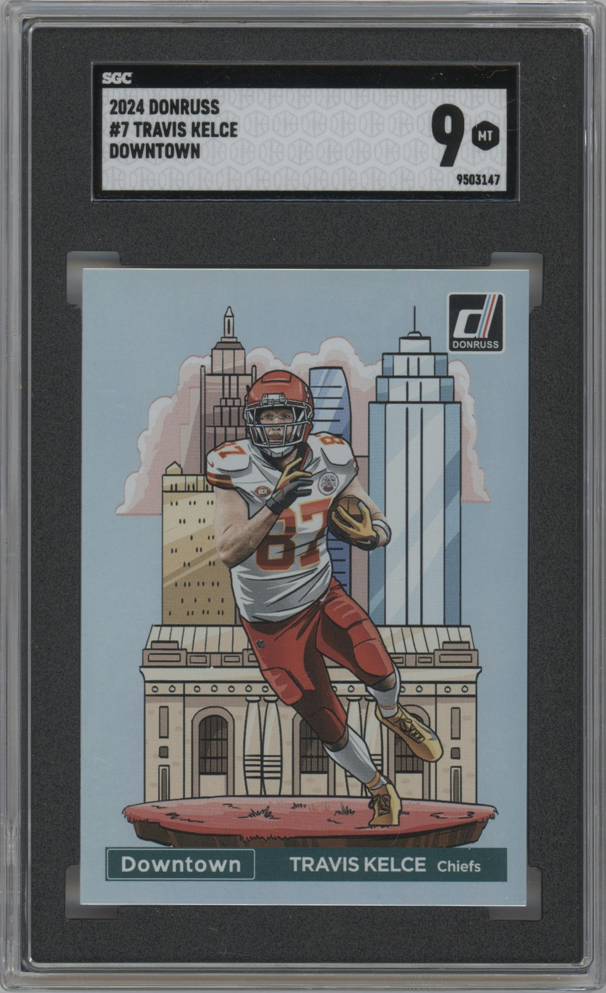 Travis Kelce from the 2024 Donruss set graded by SGC and given an overall grade of 9.