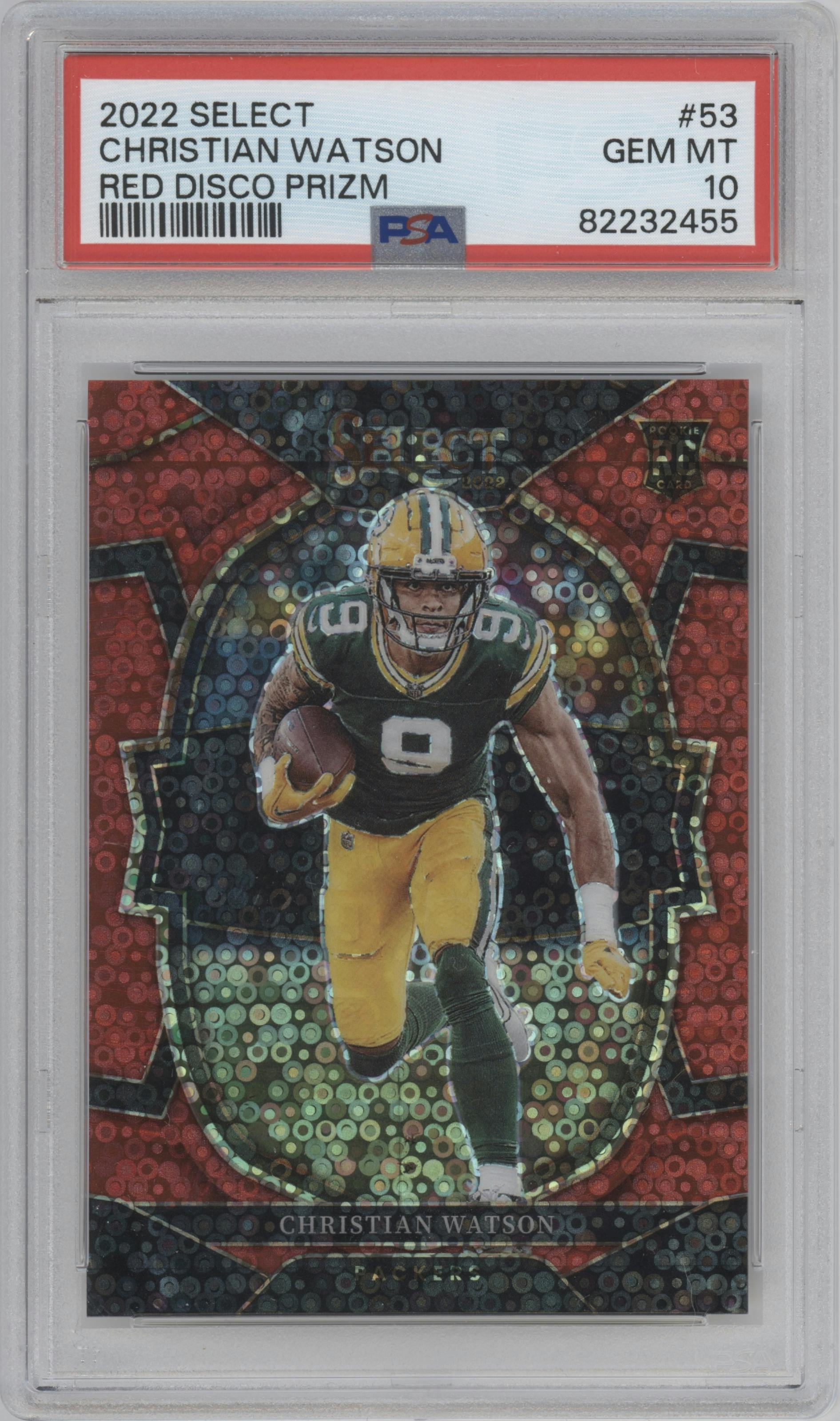 Christian Watson from the 2022 Panini Select set featuring a Red Disco parallel graded by PSA and given an overall grade of 10.