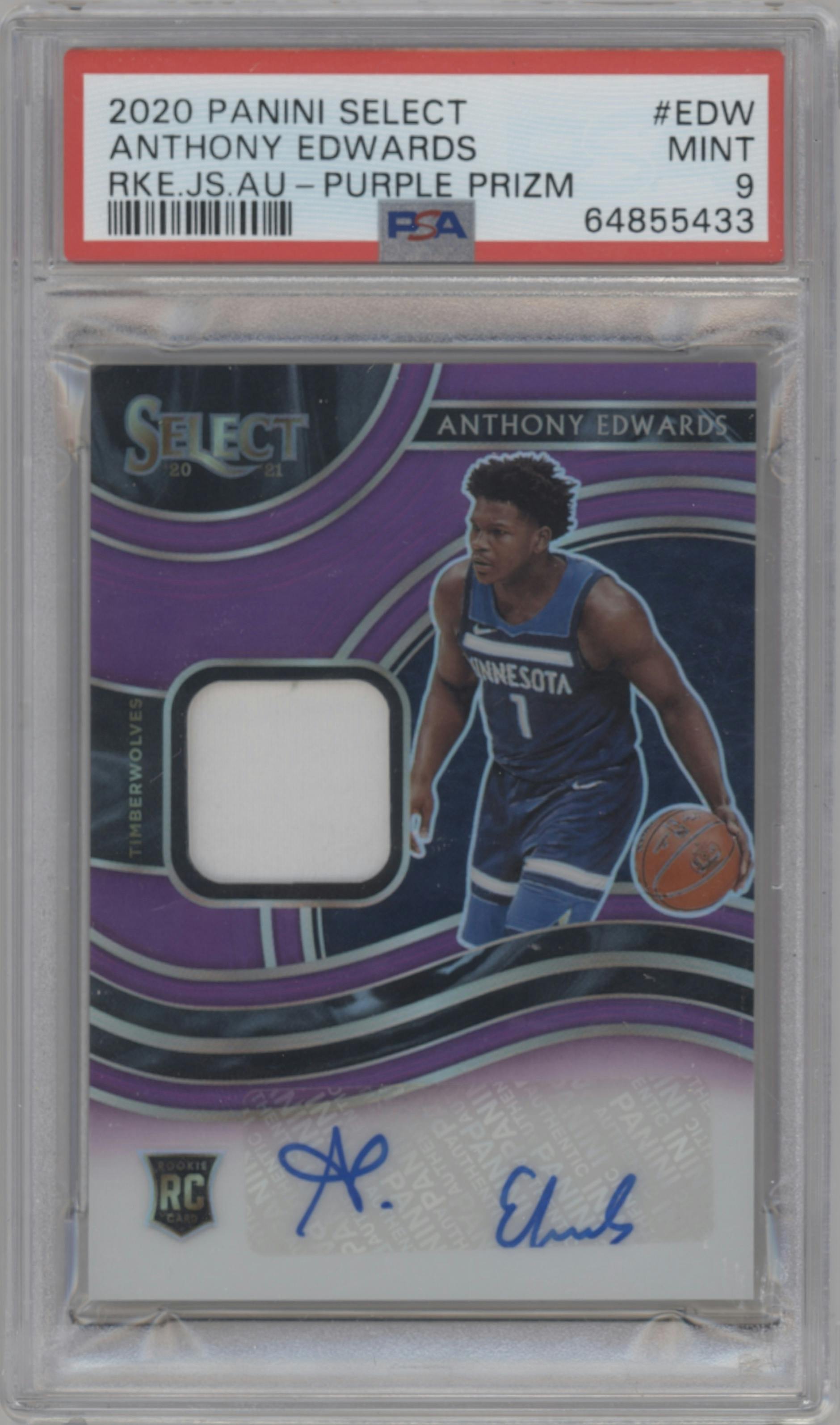 Anthony Edwards from the 2020-21 Panini Select  set featuring a Purple Prizm parallel graded by PSA and given an overall grade of 9.