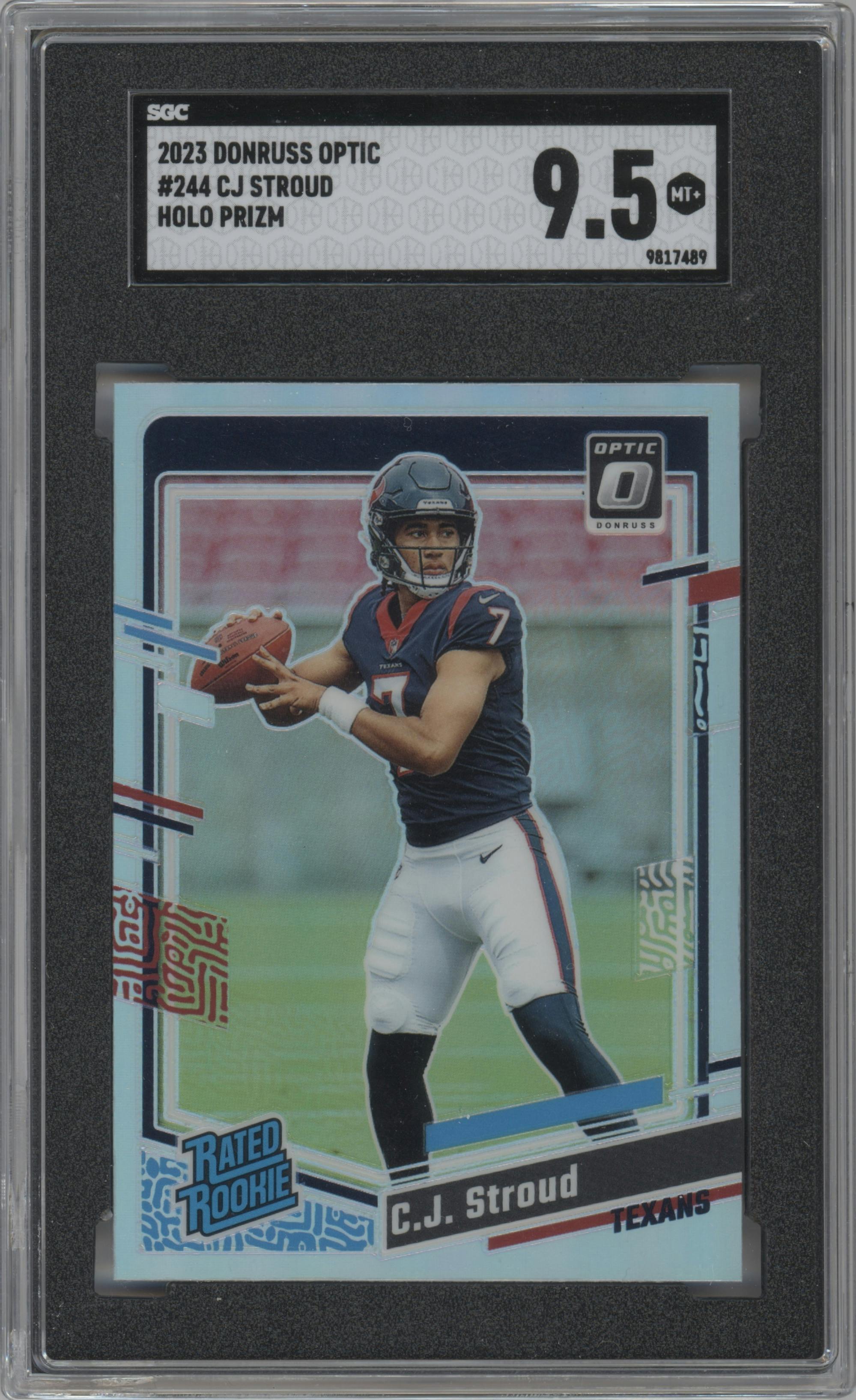 C.J. Stroud from the 2023 Donruss Optic set featuring a Holo parallel graded by SGC and given an overall grade of 9.5.