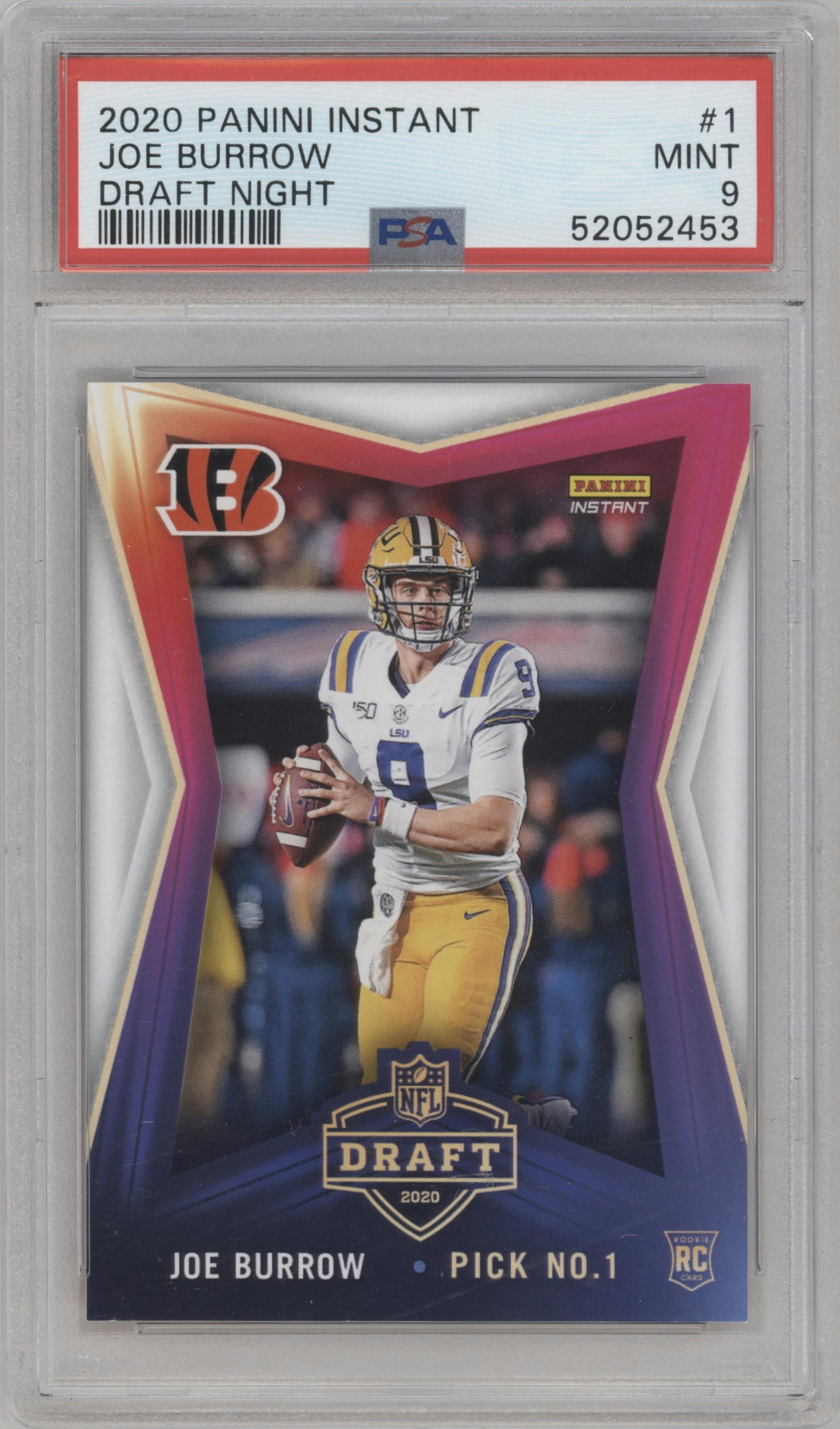 Joe Burrow from the 2020 Panini Instant NFL Draft Night set graded by PSA and given an overall grade of 9.