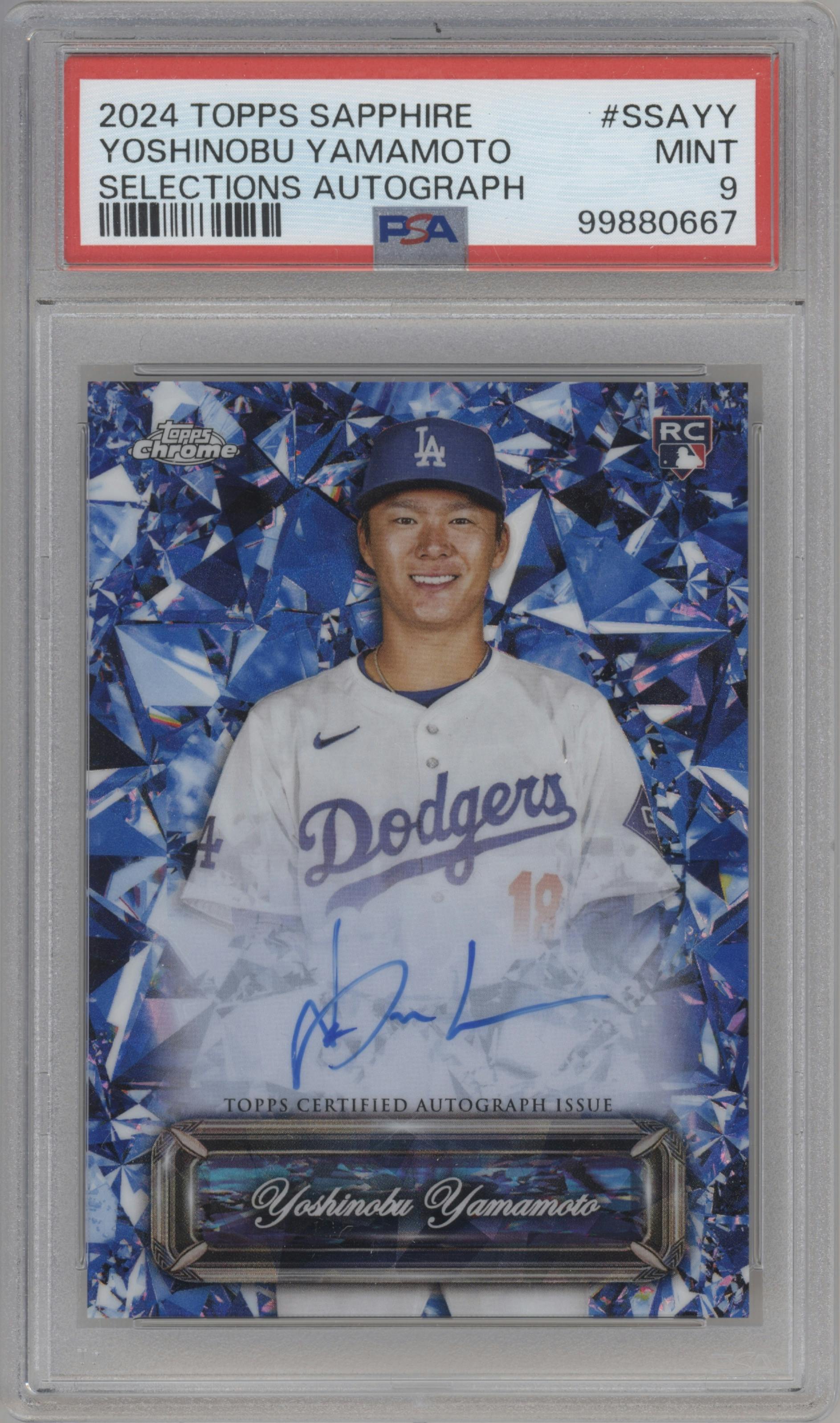 Yoshinobu Yamamoto from the 2024 Topps Chrome Sapphire set graded by PSA and given an overall grade of 9.