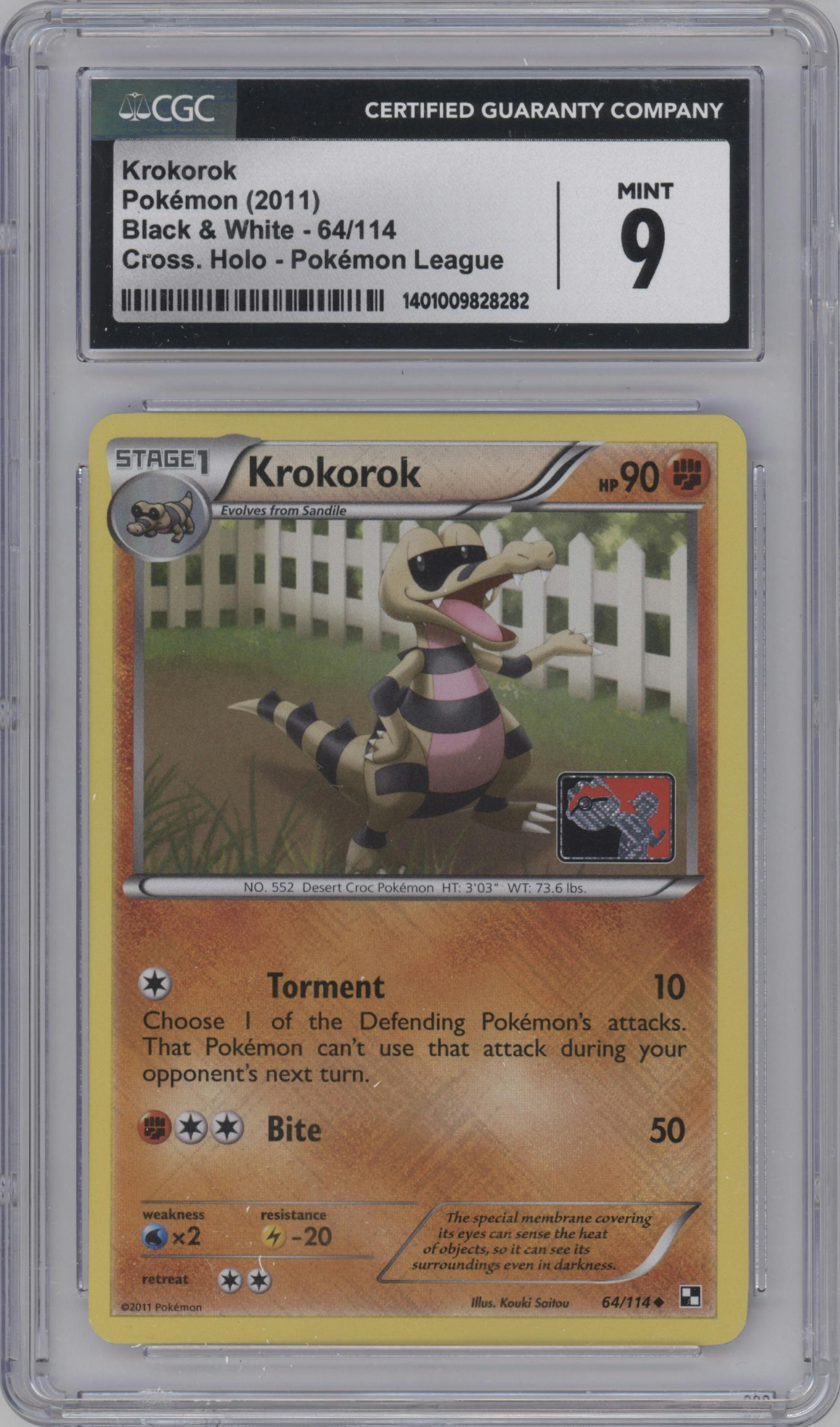 Krokorok from the 2011 Pokemon Black & White set featuring a Crosshatch Pokemon League  parallel graded by CSG and given an overall grade of 9.