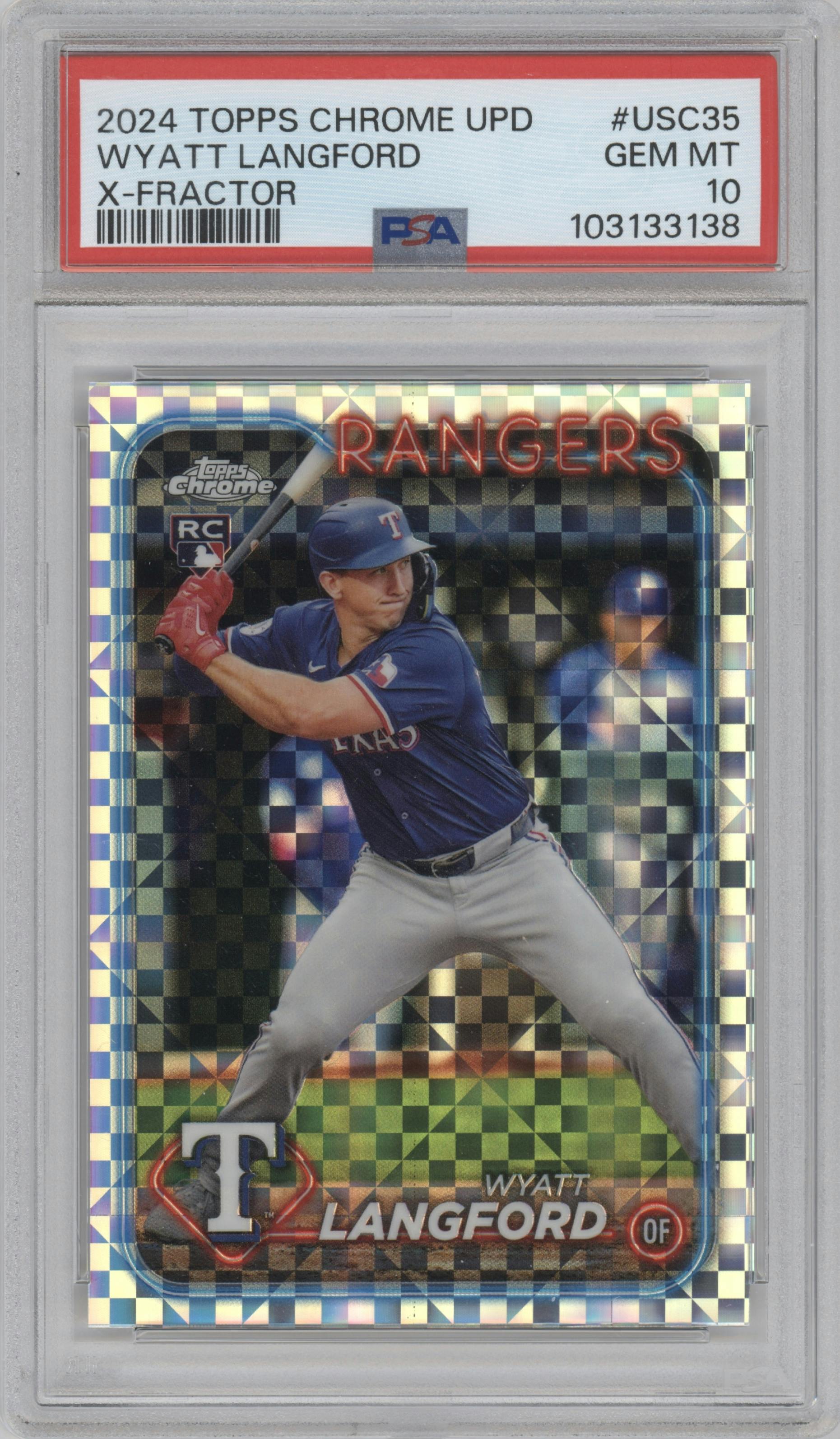 Wyatt Langford from the 2024 Topps Chrome Update set featuring a X-Fractor parallel graded by PSA and given an overall grade of 10.