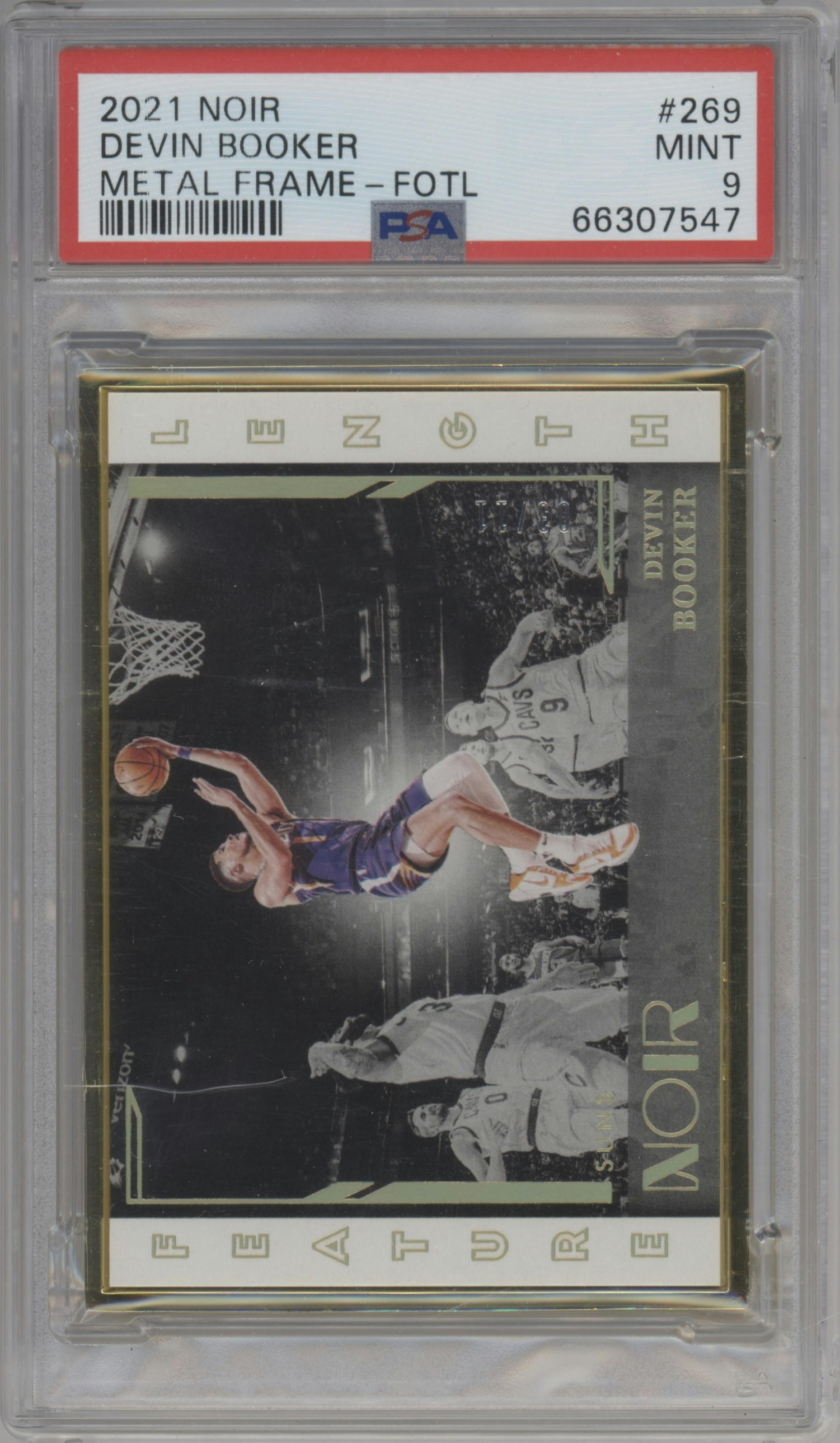 Devin Booker from the 2021-22 Panini Noir set featuring a FOTL parallel graded by PSA and given an overall grade of 9.