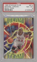 Michael Jordan from the 1995-96 Topps Stadium Club set graded by PSA and given an overall grade of 8.