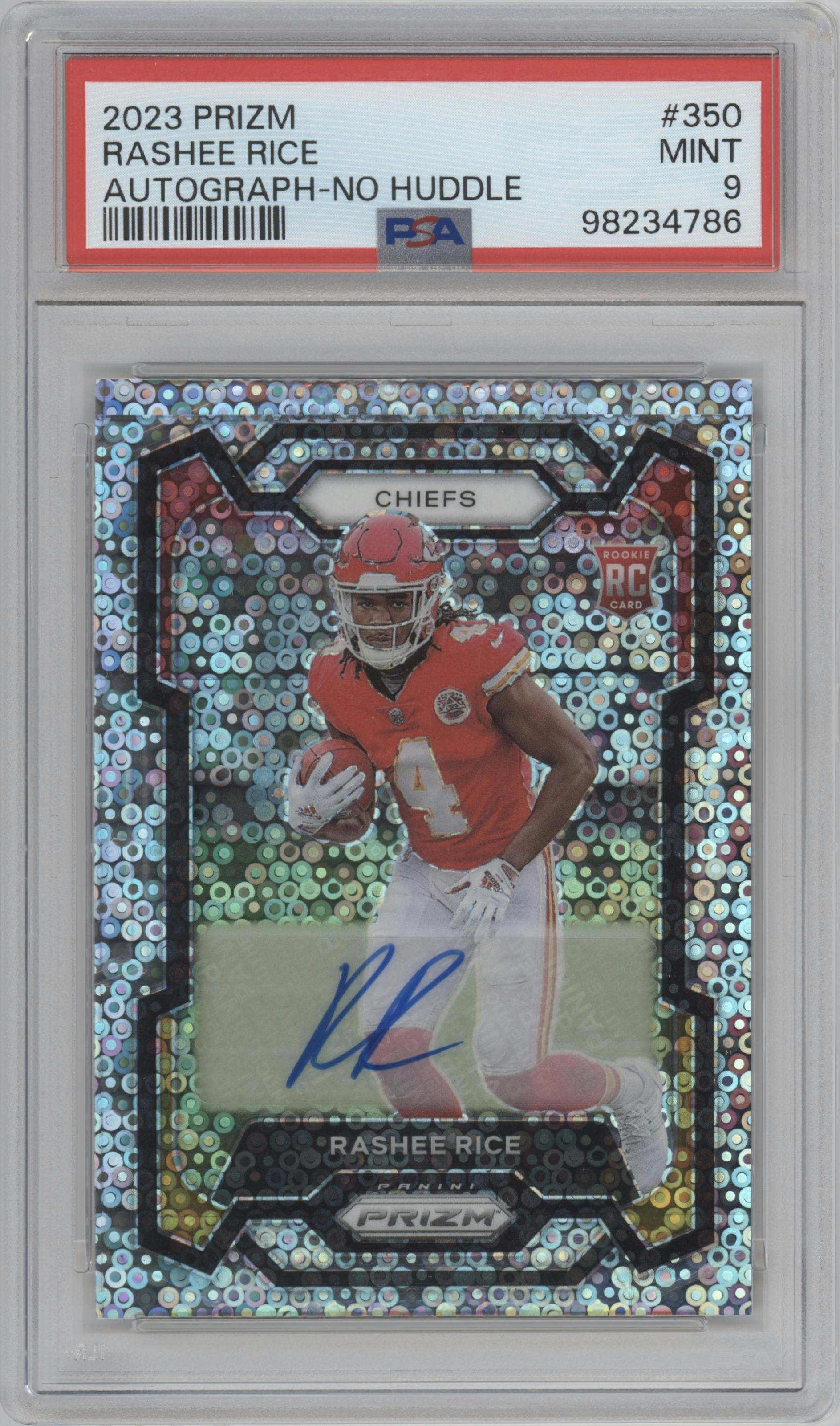 Rashee Rice from the 2023 Panini Prizm set featuring a No Huddle parallel graded by PSA and given an overall grade of 9.