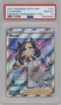 Marnie from the 2021 Pokemon SWSH set featuring a Premium Tournament Collection parallel graded by PSA and given an overall grade of 10.