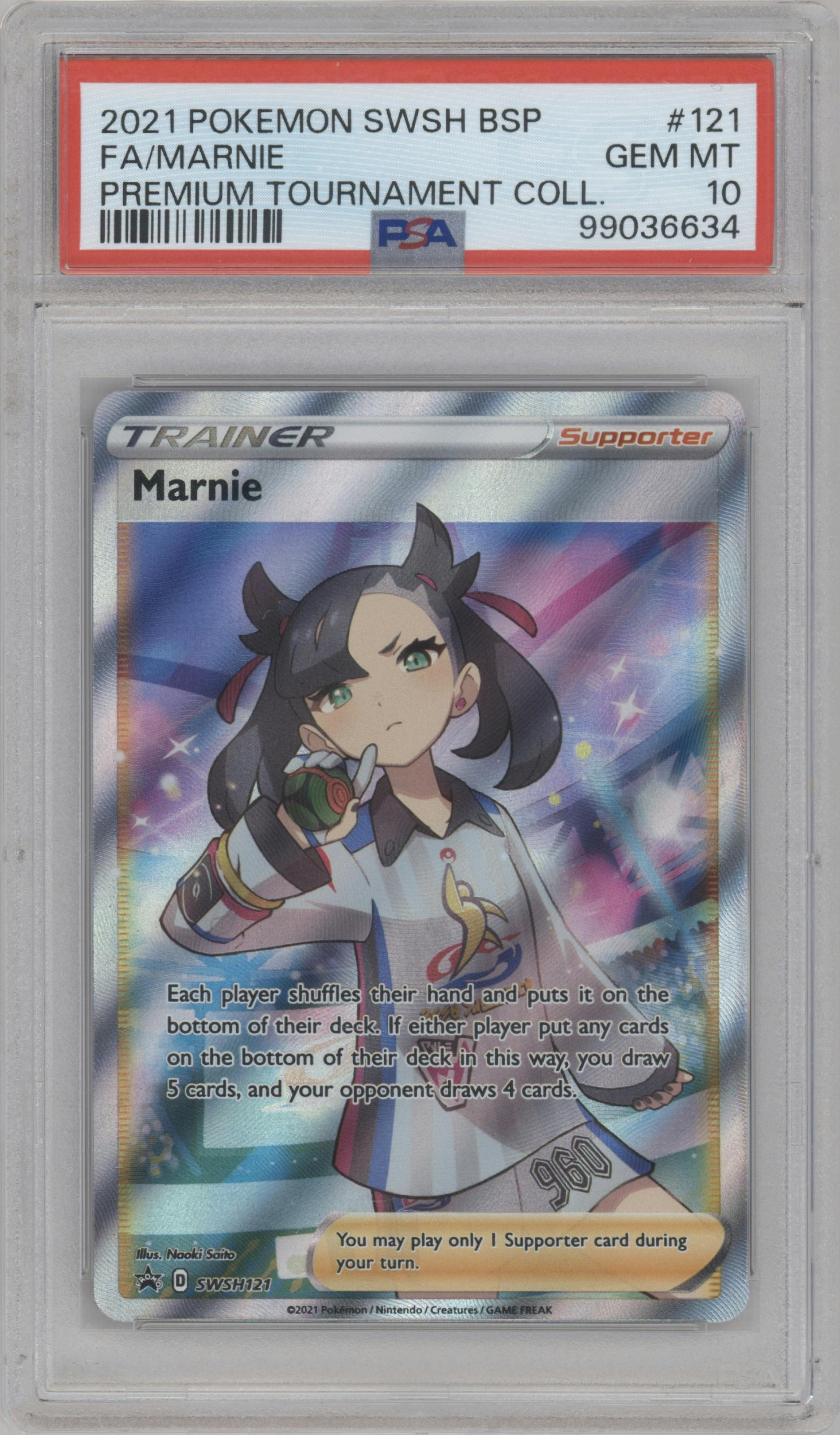Marnie from the 2021 Pokemon SWSH set featuring a Premium Tournament Collection parallel graded by PSA and given an overall grade of 10.