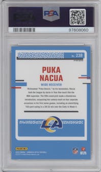 Puka Nacua from the 2023 Donruss Optic set featuring a Holo parallel graded by PSA and given an overall grade of 10.