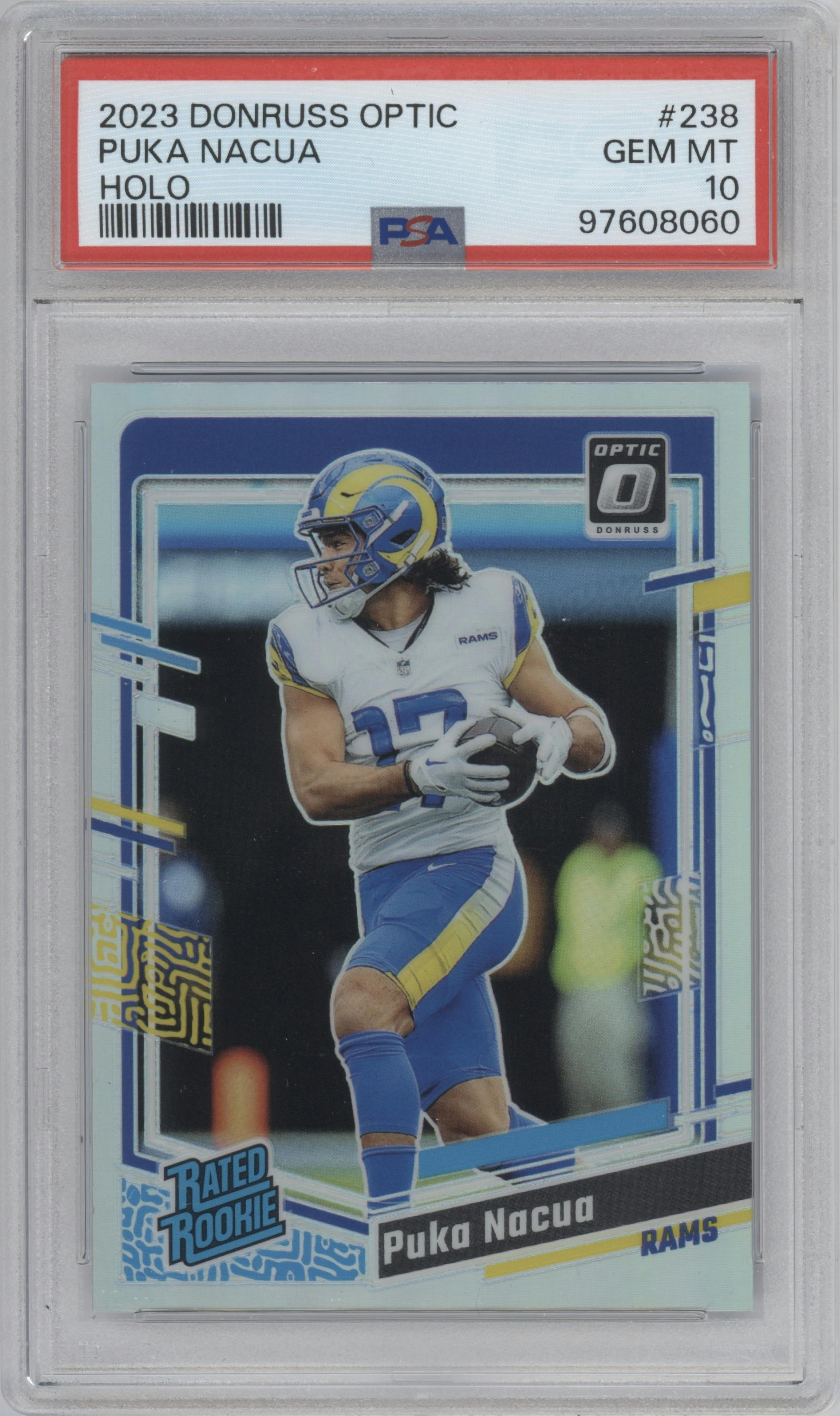 Puka Nacua from the 2023 Donruss Optic set featuring a Holo parallel graded by PSA and given an overall grade of 10.