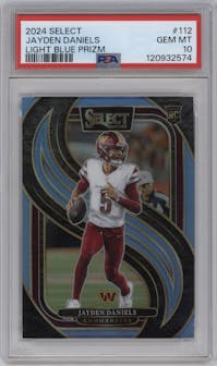 Jayden Daniels  from the 2024 Panini Select set featuring a Light Blue Prizm parallel graded by PSA and given an overall grade of 10.