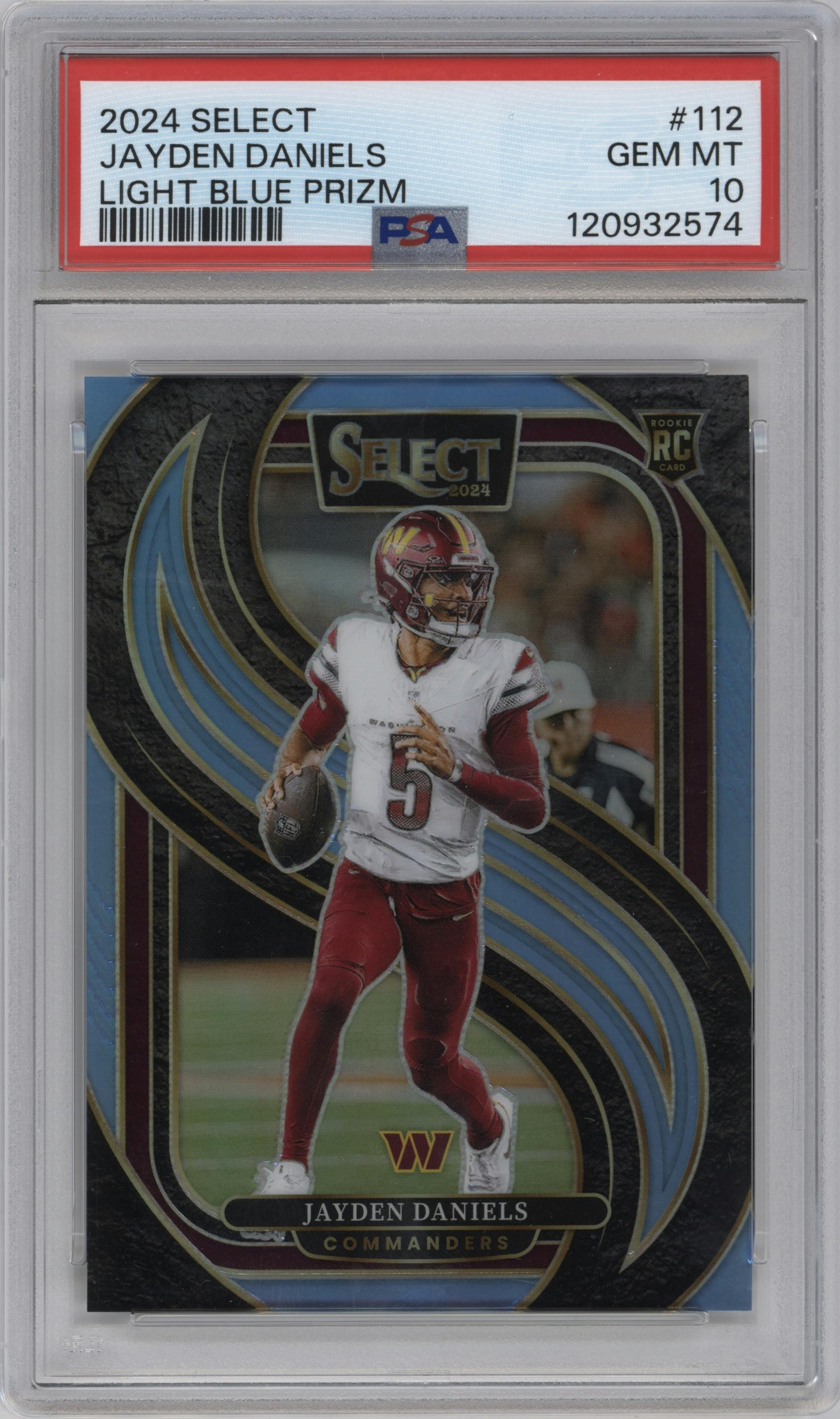 Jayden Daniels  from the 2024 Panini Select set featuring a Light Blue Prizm parallel graded by PSA and given an overall grade of 10.