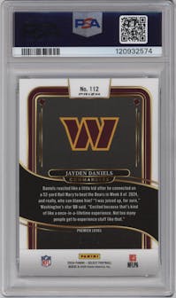 Jayden Daniels  from the 2024 Panini Select set featuring a Light Blue Prizm parallel graded by PSA and given an overall grade of 10.