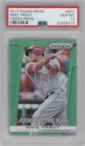 Mike Trout from the 2013 Panini Prizm set featuring a Green Prizm parallel graded by PSA and given an overall grade of 10.