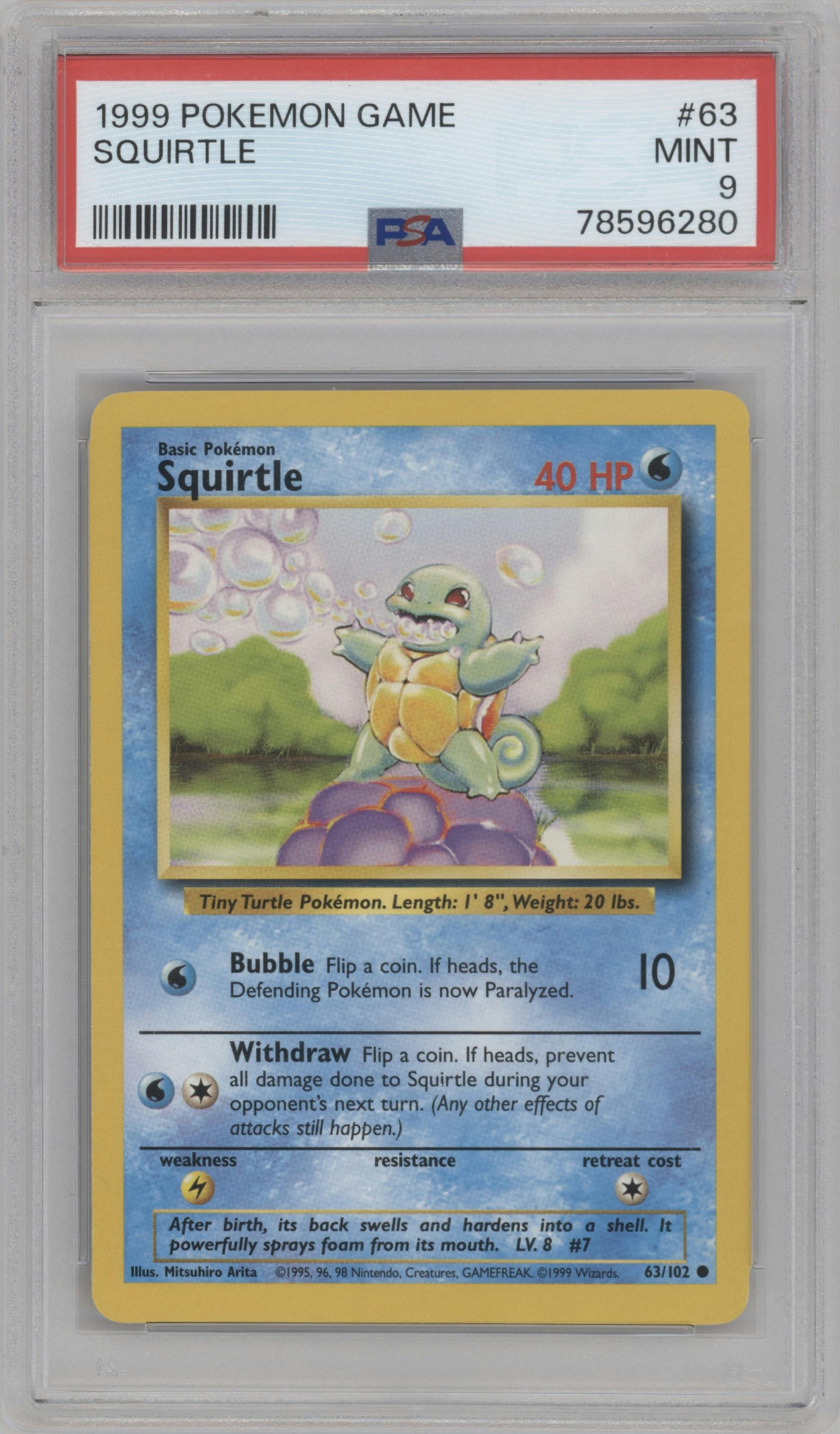 Squirtle from the 1999 Pokemon set graded by PSA and given an overall grade of 9.