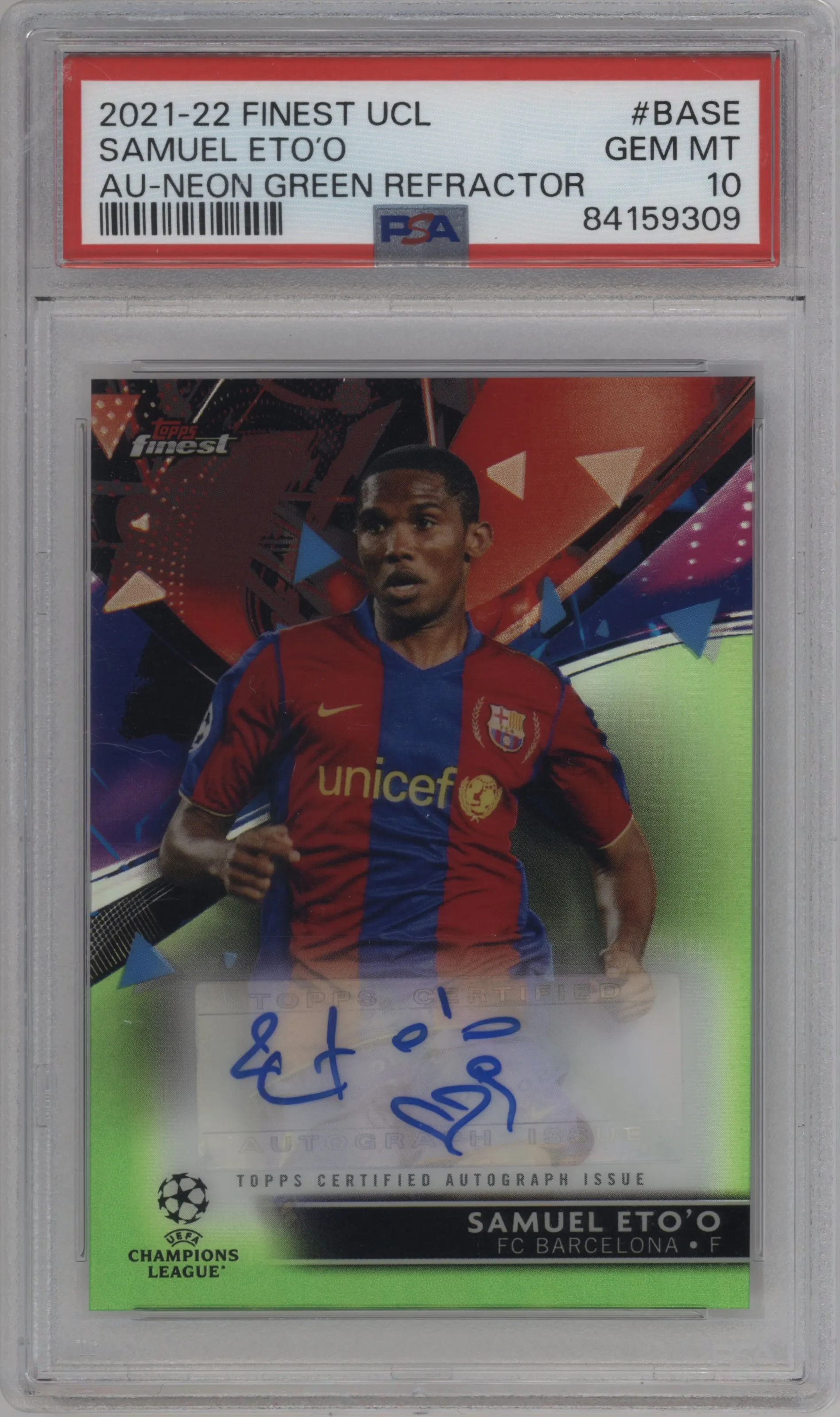 2021 Topps Finest UEFA Champions League Auto Samuel Eto'o Neon Green Refractor PSA 10