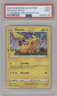 Pikachu from the 2020 Pokemon SWSH set featuring a 2021 General Mills 25th Anniversary parallel graded by PSA and given an overall grade of 9.