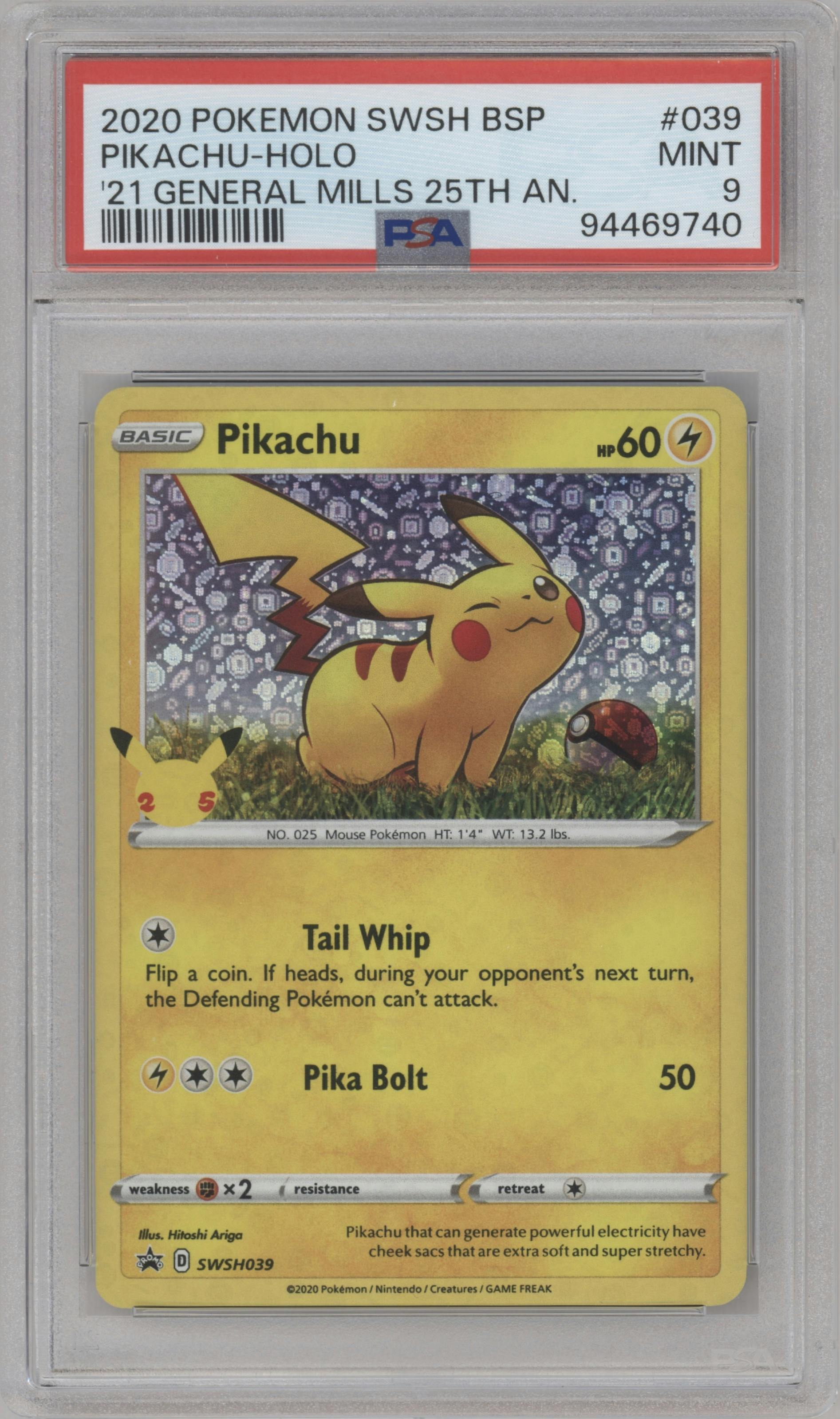 Pikachu from the 2020 Pokemon SWSH set featuring a 2021 General Mills 25th Anniversary parallel graded by PSA and given an overall grade of 9.