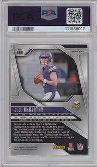 J.J. McCarthy from the 2024 Panini Prizm set featuring a Silver Prizm parallel graded by PSA and given an overall grade of 9.