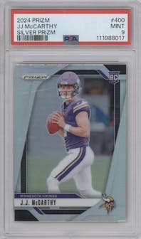 J.J. McCarthy from the 2024 Panini Prizm set featuring a Silver Prizm parallel graded by PSA and given an overall grade of 9.