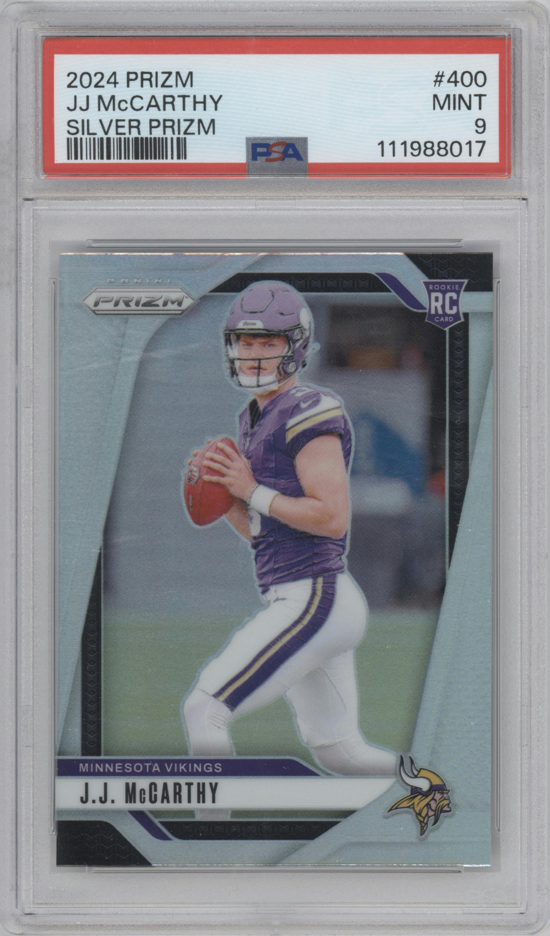 J.J. McCarthy from the 2024 Panini Prizm set featuring a Silver Prizm parallel graded by PSA and given an overall grade of 9.