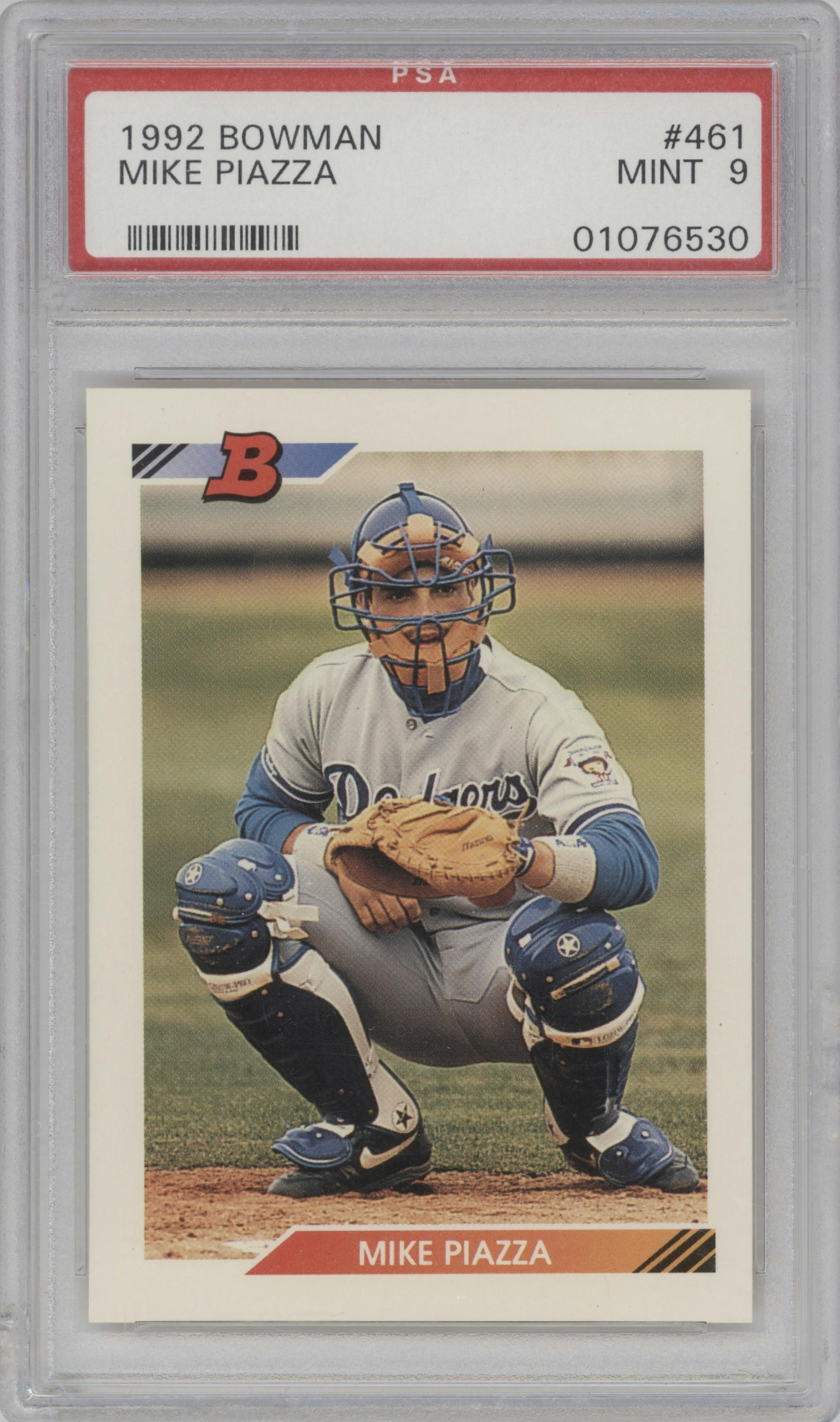 Mike Piazza from the 1992 Bowman set graded by PSA and given an overall grade of 9.