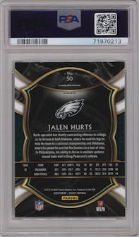Jalen Hurts from the 2020 Panini Select set featuring a Cosmic parallel graded by PSA and given an overall grade of 10.