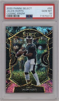 Jalen Hurts from the 2020 Panini Select set featuring a Cosmic parallel graded by PSA and given an overall grade of 10.
