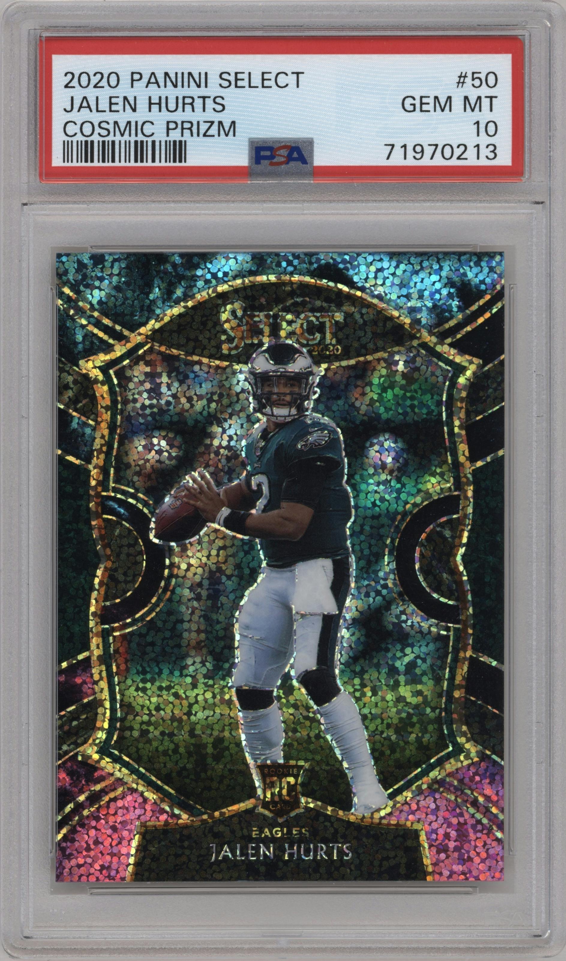 Jalen Hurts from the 2020 Panini Select set featuring a Cosmic parallel graded by PSA and given an overall grade of 10.