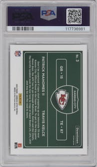 Patrick Mahomes II/Travis Kelce from the 2024 Donruss Optic set graded by PSA and given an overall grade of 9.