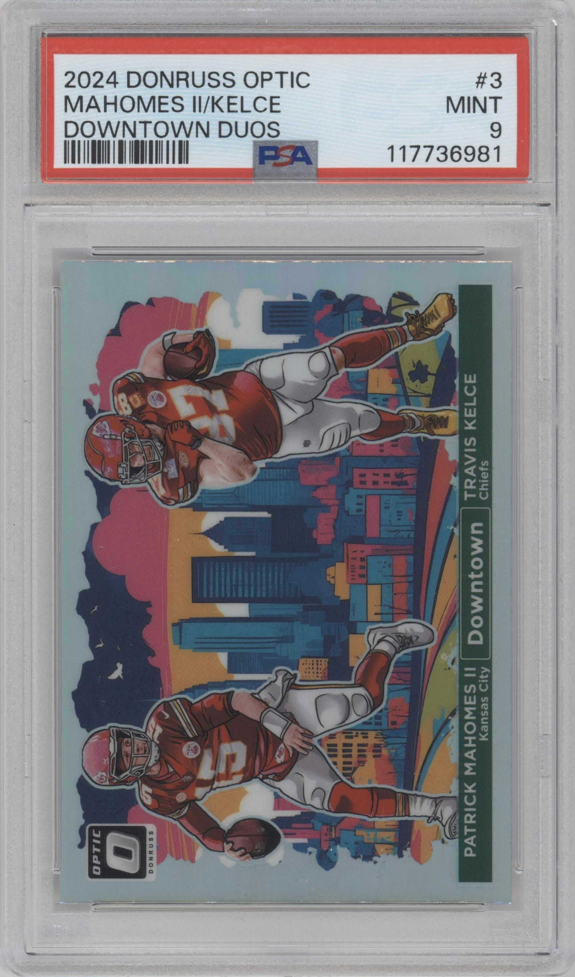 Patrick Mahomes II/Travis Kelce from the 2024 Donruss Optic set graded by PSA and given an overall grade of 9.