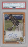 Jordy Barley from the 2021 Bowman Chrome set featuring a Orange Wave Refractor parallel graded by PSA and given an overall grade of 10.