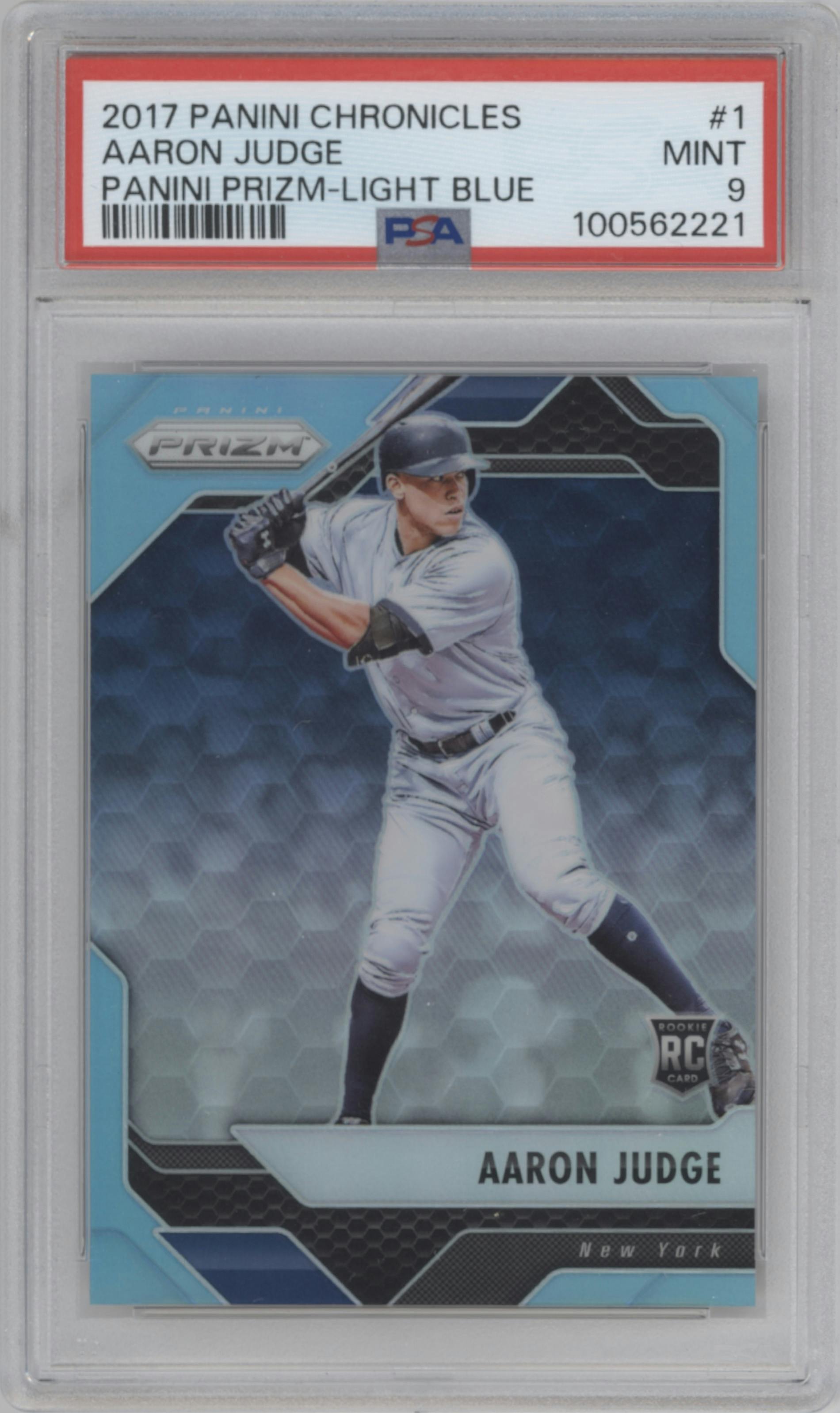 Aaron Judge from the 2017 Panini Chronicles set featuring a Light Blue parallel graded by PSA and given an overall grade of 9.