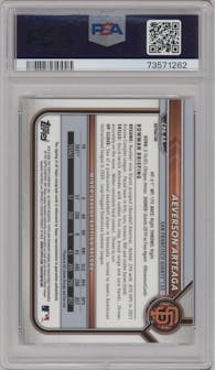 Aeverson Arteaga from the 2022 Bowman set featuring a Refractor  parallel graded by PSA and given an overall grade of 10.
