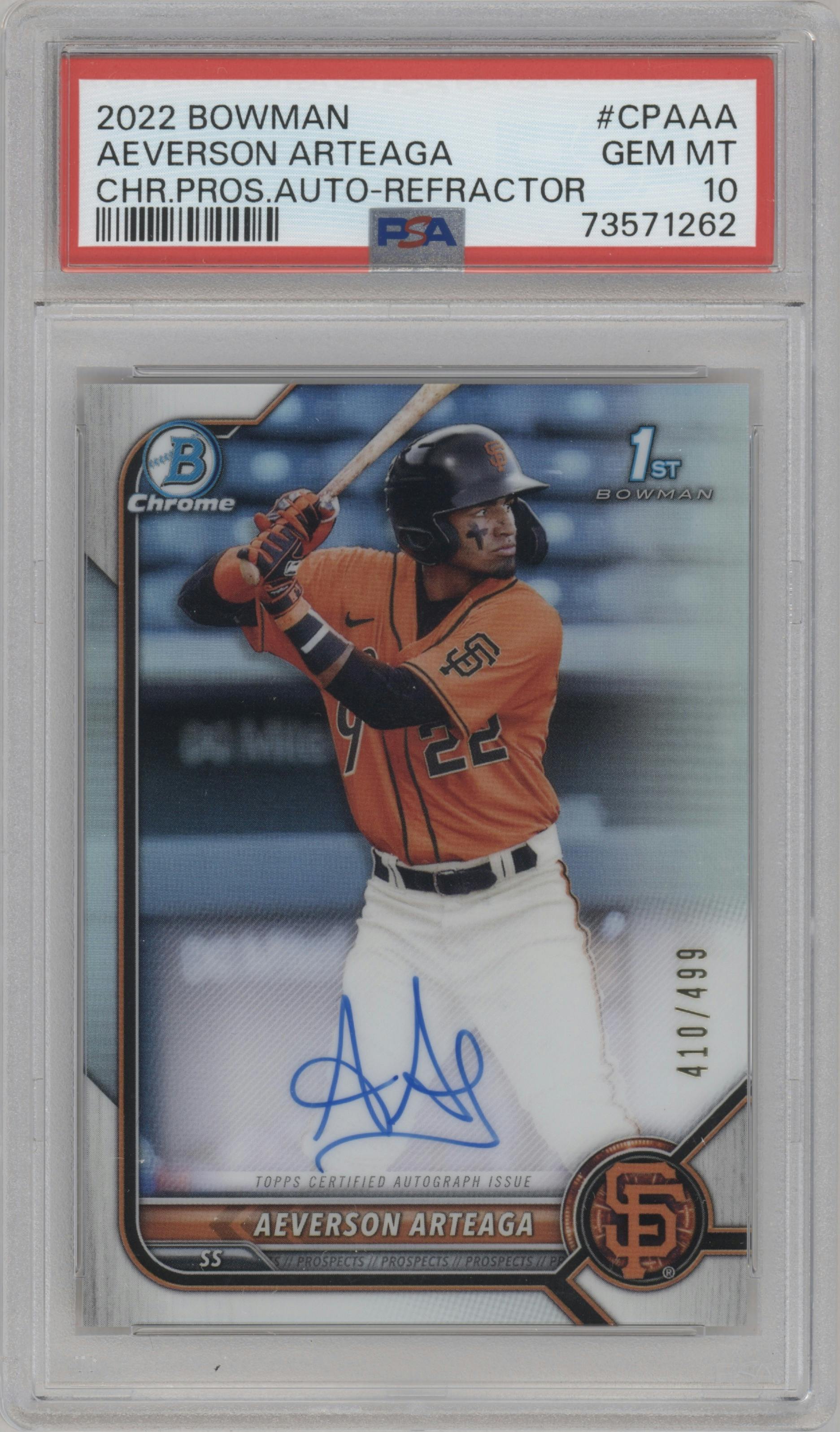 Aeverson Arteaga from the 2022 Bowman set featuring a Refractor  parallel graded by PSA and given an overall grade of 10.