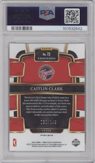 Caitlin Clark from the 2024 Panini Select WNBA set featuring a Red Prizm parallel graded by PSA and given an overall grade of 10.