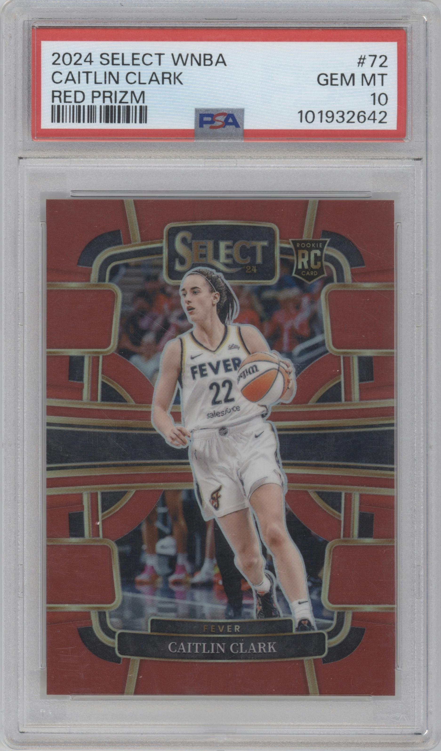 Caitlin Clark from the 2024 Panini Select WNBA set featuring a Red Prizm parallel graded by PSA and given an overall grade of 10.