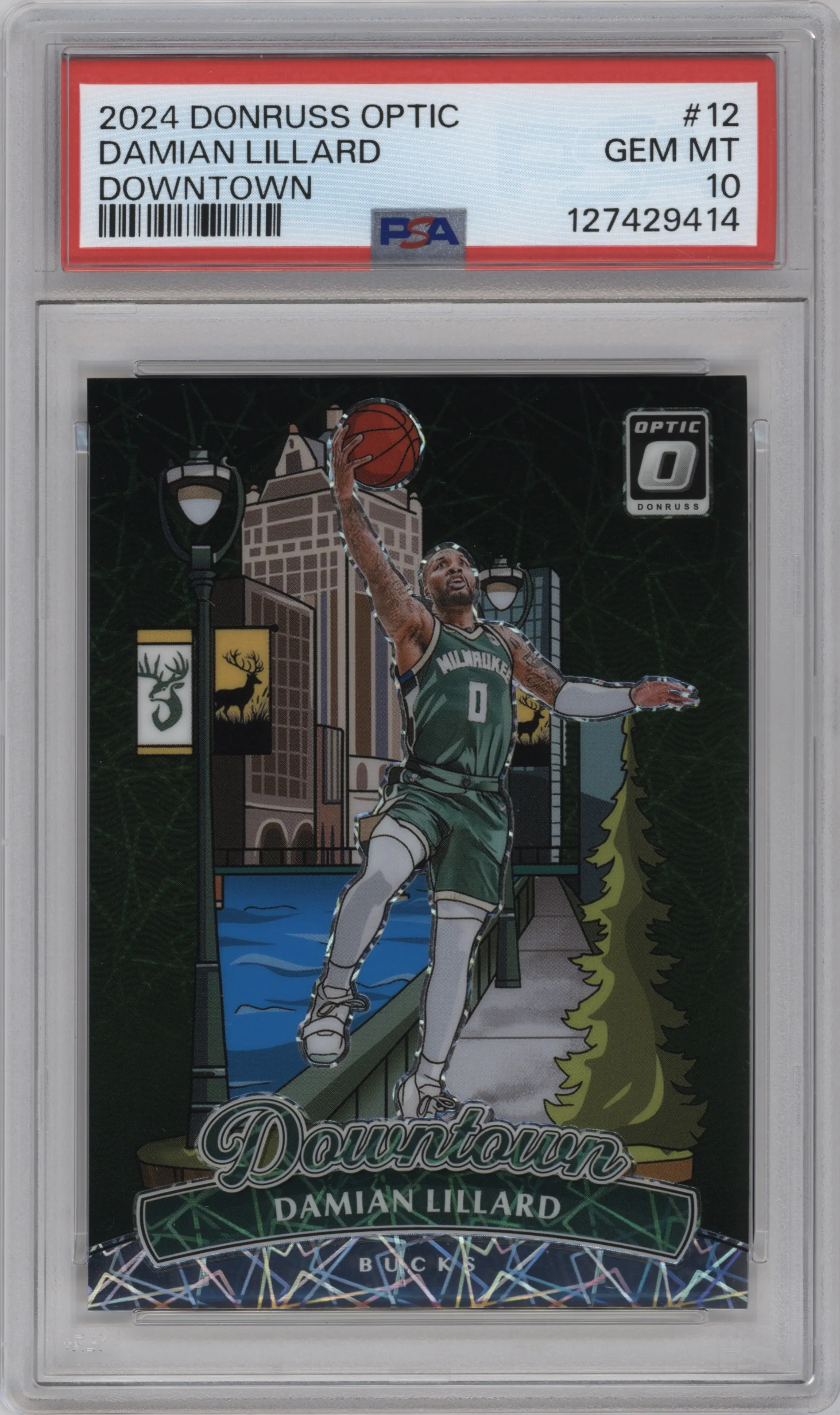 Damian Lillard  from the 2024-25 Donruss Optic set graded by PSA and given an overall grade of 10.