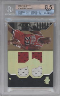 Michael Jordan from the 2006-07 UD Black set featuring a Gold parallel graded by Beckett and given an overall grade of 8.5.